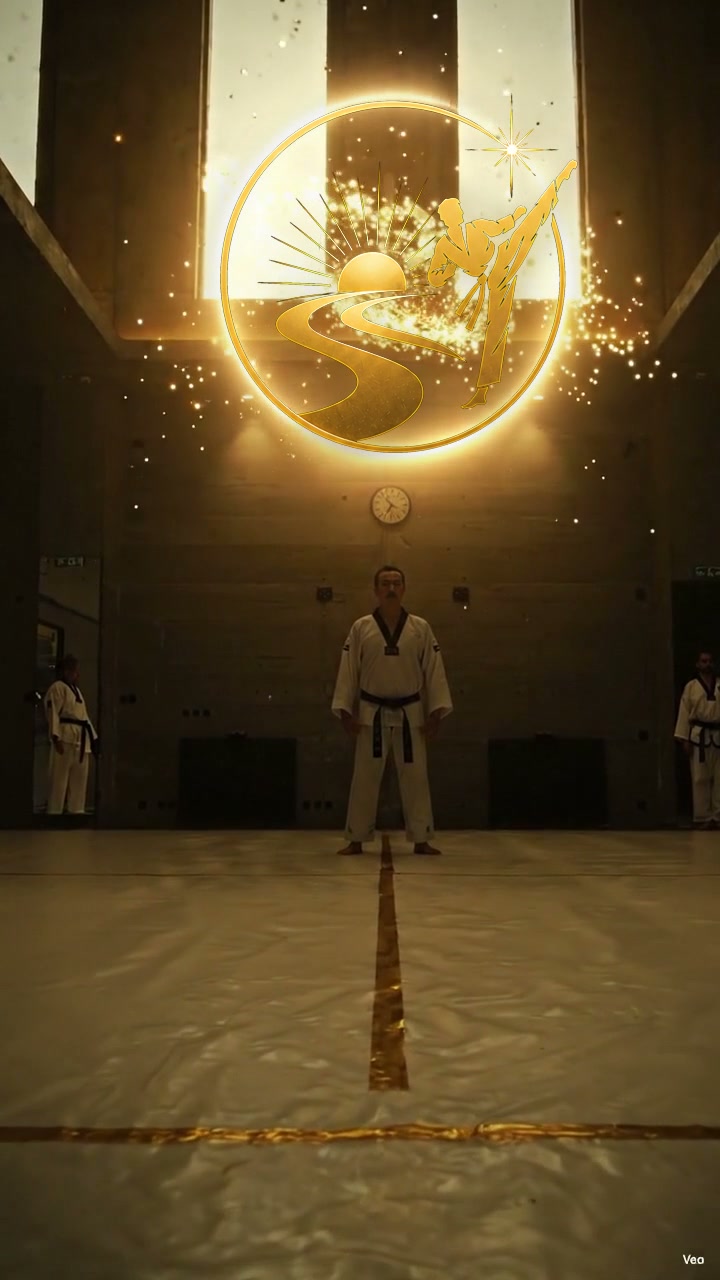 Il logo Taekwondoro su uno spazio di allenamento illuminato da una luce dorata